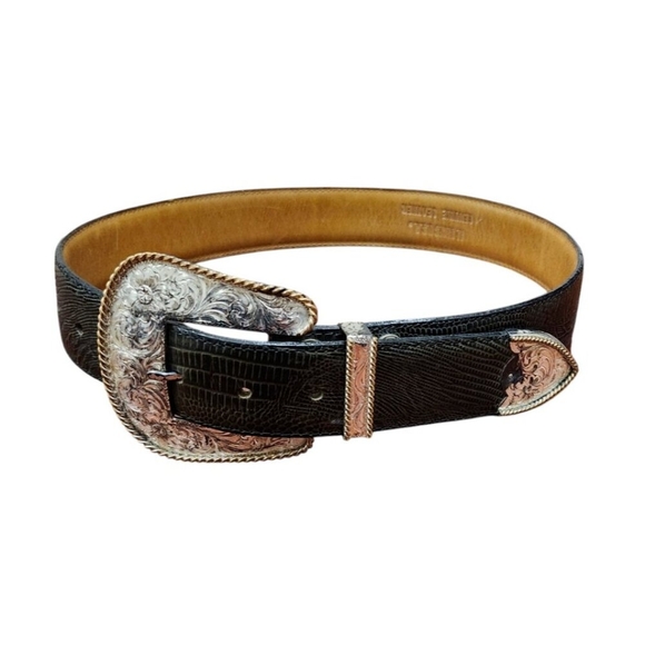 AL BERES Vintage Montana Silversmith Leather Belt-Handmade-Silver and Gold Sz 28 - Picture 2 of 16